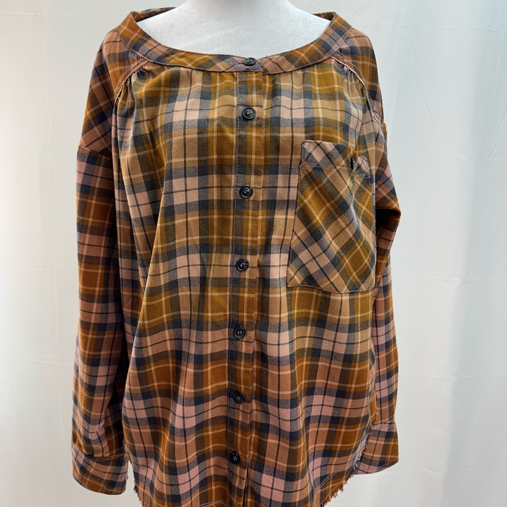 Plaid Button-Front Long-Sleeve Top in Brown and Pink
